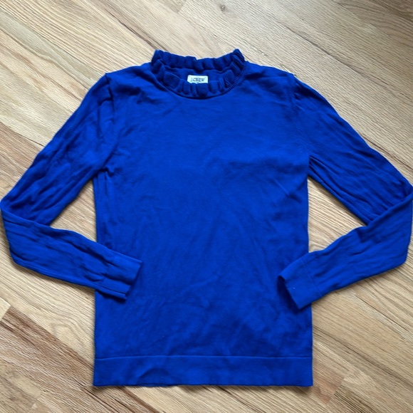 J. Crew Blue ruffly mock-neck long sleeve cotton knit top sweater size XXS - Picture 1 of 5